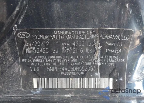 2013 Hyundai Sonata Gls из США, поврежденный, VIN 5NPEB4AC5DH552053